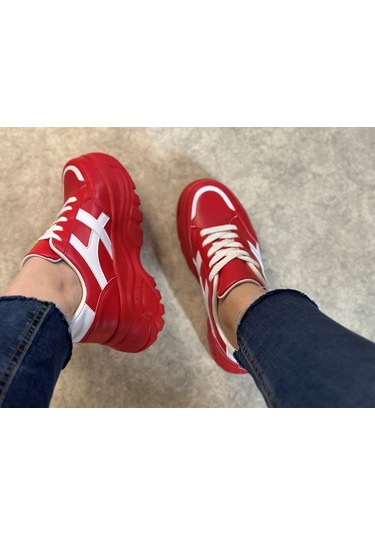Günlük Kadın Sneaker Kalın Yüksek Taban Bağcıklı Rahat Tiger Şeritli Spor Ayakkabı 032 12 - Kırmızı Beyaz