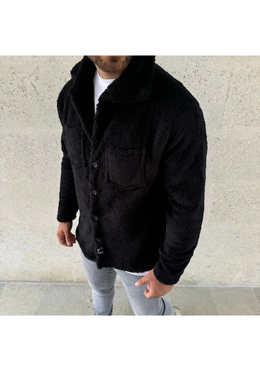 Erkek Pelüş Polar Hırka Gömlek Yakalı, İlik Düğmeli, Göğüs Cepli, Yumuşak Dokulu Kışlık Regular Fi Siyah