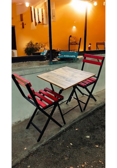 Balkon Bahçe Mutfak 3'lü Bistro Set Katlanır Masa Sandalye 60x60 Kırmızı