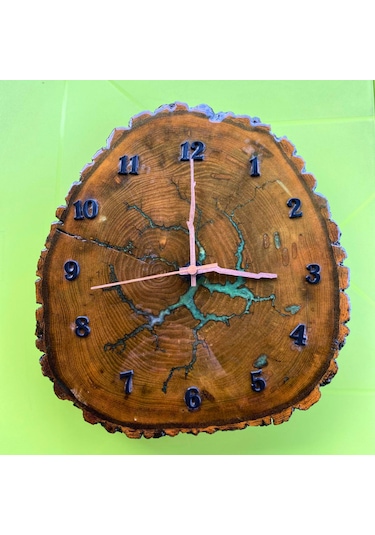 Lichtenberg Desenli Epoksi Kaplamalı Ahşap Duvar Saati Bronz