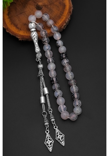 Beyaz Akik Doğal Taş Tesbih Erkek Akik Tesbih Bt050 Beyaz - Siyah