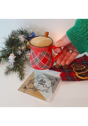 Decorita Cam Bardak Altlığı Mutlu Yıllar Happy Deer 4'lü Takım Çok Renkli