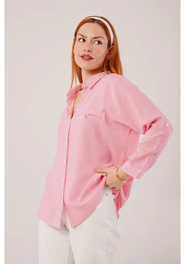 Cep Detay Çizgili Oversize Pembe Gömlek Pembe