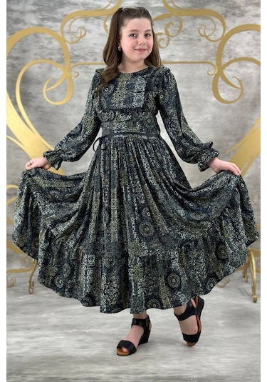 Desenli Tam Boy Uzun Kol Kız Çocuk Elbise 001