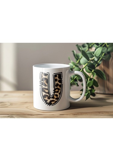 U Baş Harf Leopar Desenli Kupa Bardak - Kişiye Özel Feminen Konsept Hediye - Vahşi Hayvan Desenli Beyaz