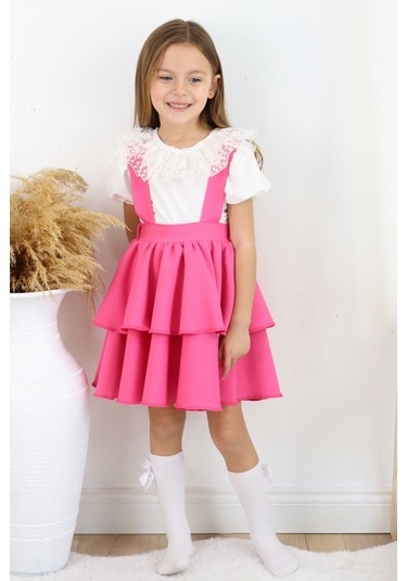 Kız Çocuk Helen Pembe Askılı Kat Kat Bağlama Jile Elbise Dantel Detay Ekru Kısa Kollu Bluz Takım