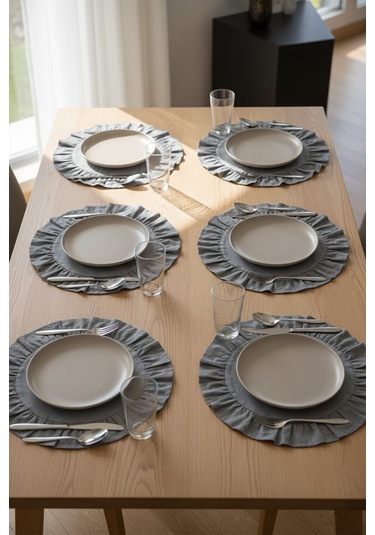 Yunusoğlu Home Pamuklu Fırfırlı Supla 6'lı Set Amerikan Servis 33 Cm Çap Supla 6'lı Füme