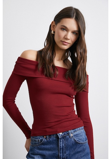 Never More Omzu Açık Kaşkorse Bluz Bordo Bordo