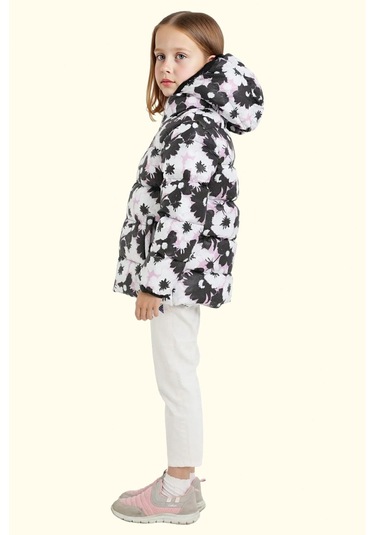 Kız Çocuk Pusula Desen Polar Su Ve Rüzgar Geçirmez Kapüşonlu Şişme Kışlık Mont Beyaz