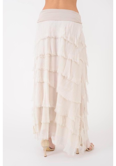 İtalyan 2 Beden Ince Gösteren Kat Kat Ipek Etek & Straplez Elbise Krem