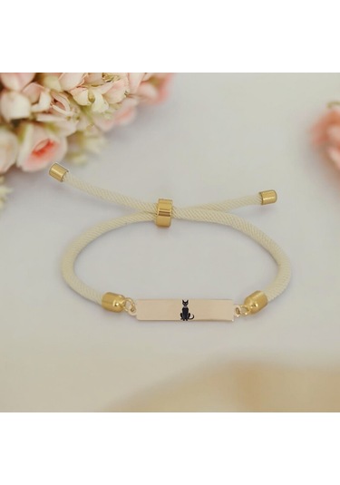 Archin Kedi Temalı Dikdörtgen Figürlü Beyaz Örgülü 14 Ayar Altın Plakalı Hediye Bileklik-413sembol Kedi
