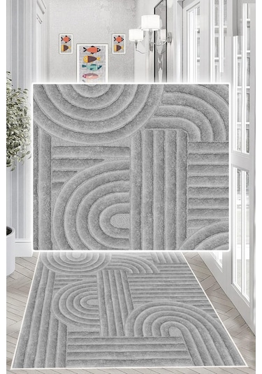 Geometrik Desenli Dekoratif Kaymaz Taban Yıkanabilir Yolluk Antre Hol Halısı Gri
