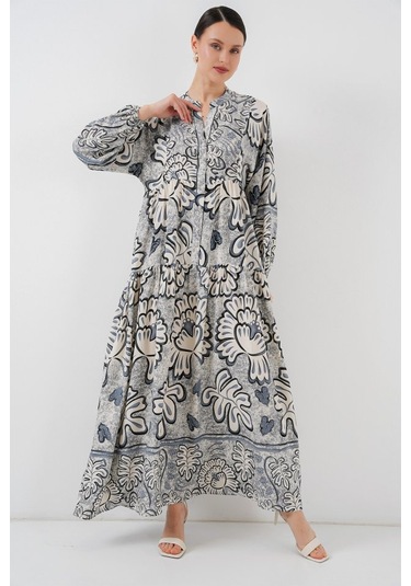 2423 Otantik Desenli Tesettür Elbise - K. Antrasit S