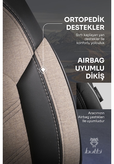 Bej - Siyah Butti Bello Serisi Keten Kumaş Premium Oto Koltuk Kılıfı Ortopedik Destekli, Ön Arka Tam Set