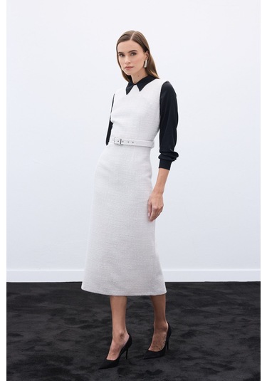 Kemerli Tüvit Elbise - Taş-136576 Taş