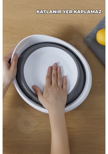 Yer Kaplamaz Katlanabilir Pirinç Bakliyat Ve Yıkama Süzgeci - Meyve Sebze Yıkama - Akordiyon Kap Beyaz - Gri