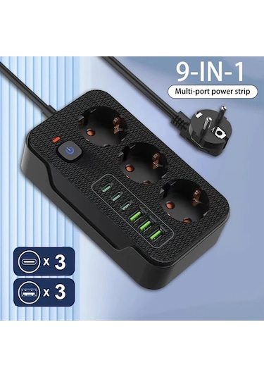 Xuweiwei Beyaz Yeni Cok Fonksiyonlu 6 Prizli 3 Usb A 3 Type C 2 Metre Uzatma Kablosu Ev Ofis Mutfak Garaj İcin