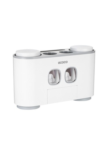 Pazly Ecoco Otomatik Sıkmalı Diş Macunu Seti - 2 Dispenser, 4 Bardak, 5 Fırça, Duvara Monte, Gri Beyaz