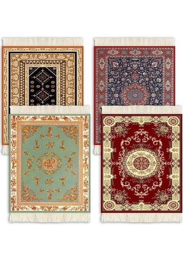 Primepickings 4 Adet Set Halı Altlığı Oryantal Tasarım Halı Içecek Matı Püskül Halı Altlığı Yalıtım Pedi Dal