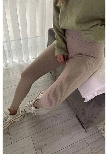 Madmext Bej Yüksek Bel Kadın Fitilli Tayt Mg1625 Bej