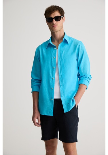 Grımelange Perttu Erkek %100 Pamuk Slim Fit Dar Kesim Düğmeli Yaka Keten Görünümlü Flamlı Turkuaz Gö Turkuaz