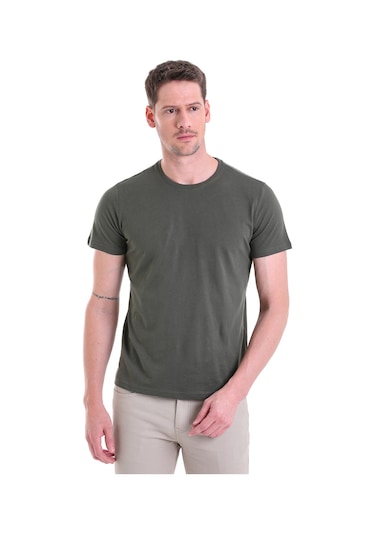 Hatemoğlu Regular Fit Pamuk Bisiklet Yaka Düz Erkek Tişört Haki