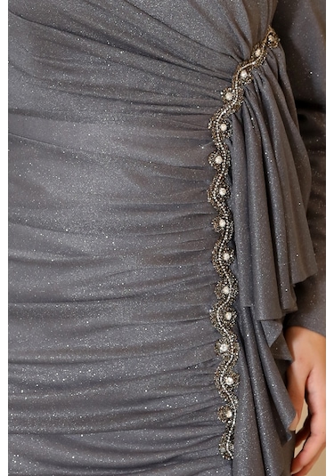 Parıltılı Fırfır Detaylı Zühre Tesettür Abiye Gri