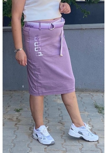 Büyük Beden Lila Tasarım Kot Etek Lila