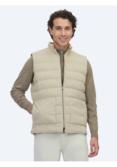 Bej Regular Fit Dik Yaka Casual Dokuma Spor Yelek Bej