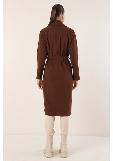 9118 Kruvaze Yaka Kaşe Kaban - Kahverengi Kahverengi