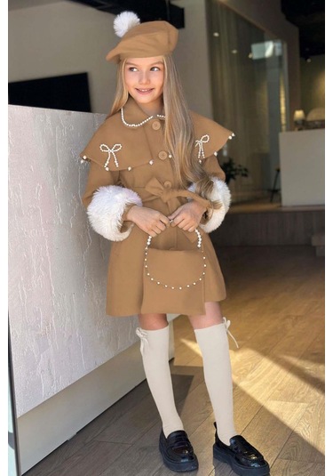 Riccotarz Kız Çocuk Boydan Yakası İnci Taş İşlemeli Şal Detaylı Kemerli Bej Kaşe Bej