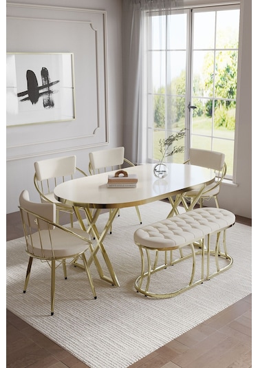 Selenit Mutfak Yemek Masası Takımı- 6 Kişilik Mutfak Masa Sandalye Takımı- Mutfak Masası Takımı Gold Düz Krem Selenit Mutfak Yemek Masası Takımı- 6 Kişilik Mutfak Masa Sandalye Takımı- Mutfak Masası Takımı Gold Düz Krem