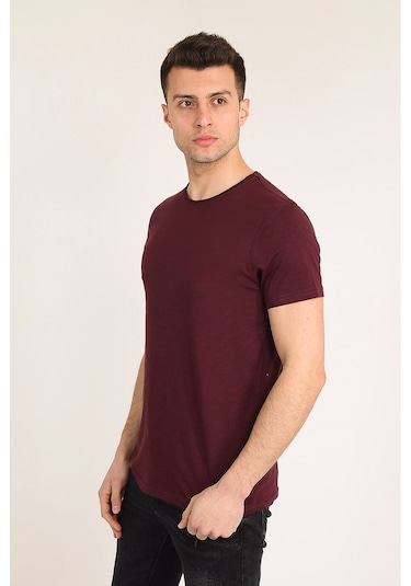 Erkek Bordo Slim Fit Bisiklet Yaka Basic T-shirt Bordo