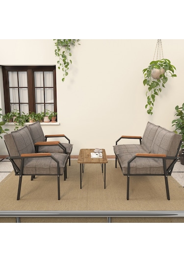 Modern Serisi Balkon, Bahçe, Cafe - Metal Kanepe Koltuk Takımı - 2+1+1 Sehpalı - Cappucino Cappucino