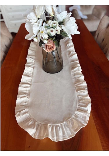 Natürel Ham Keten Fırfırlı Oval Runner 40x90 Cm Bej