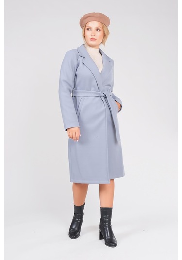 Giyim Dünyası Kadın Astarsız Kuşaklı Kaşe Kaban İndigo 001