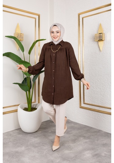Önü Büzgülü Bilek Lastikli Tunik - Acı Kahve / Ü104 Acı Kahve Acı Kahverengi