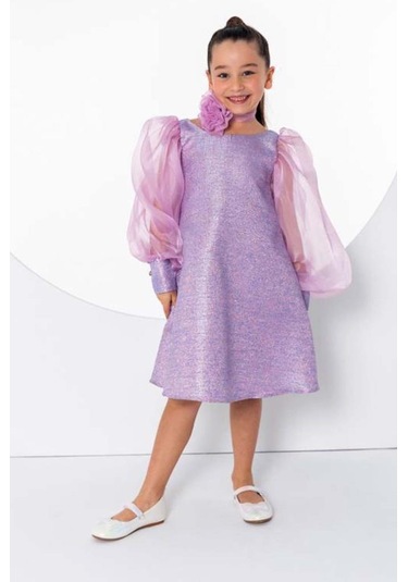 Riccotarz Kız Çocuk Çiçekli Boyunluk Hediyeli Şeffaf Karpuz Kollu Üzeri Simli Lila Elbise Lila