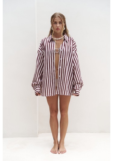 Rosy Transparan Çizgili Bordo Oversize Gömlek bordo