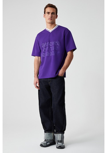 Grimelange PAMPA Erkek Baskı Detaylı Relaxed V Yaka Kısa Kol Mor T-Shirt