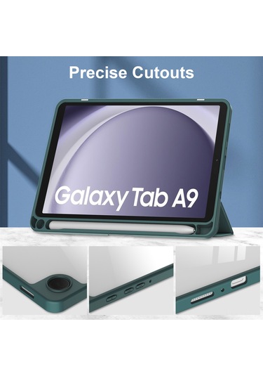 Youtek Samsung Galaxy Tab A9 8.7" Kılıf - A9 Plus 11" Uyumlu, Kalem Bölmeli, Uyandırma Fonksiyonlu, Üç Katlı Şeffaf Koruyucu Kılıf Koyu Yeşil