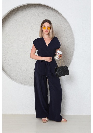 Kadın Üstü Kruvaze Modal Pantolonlu Takım Indigo