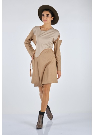 Unique Mode Minimalist Uzun Kol Midi Günlük Elbise - Asimetrik Kesim Bej