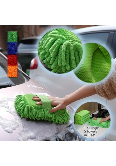 Honeybeeshop 6 Adet Mikrofiber Araba Yıkama Seti Yeşil Chenille Sünger 5 Havlu Süper Emici Çiziksiz