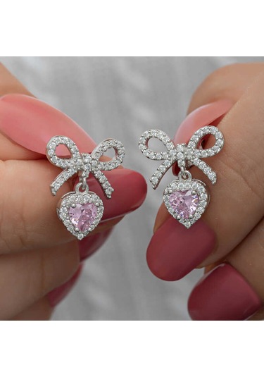 Gümüş Fiyonk Pembe Taşlı Kalpli Çivili Kadın Küpe Çok Renkli