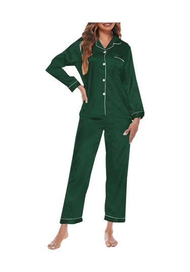 Kadın Pijama Takımı Uzun Kollu Çentikli Yaka Düğmeli Yumuşak Saten Pijama - Koyu Yeşil