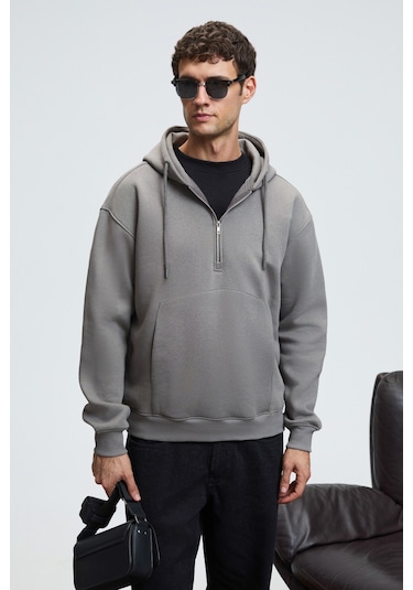 JUSTUS Erkek Kapüşonlu Kanguru Cepli Fermuar Yakalı Koyu Gri Sweatshirt