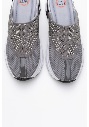 Luvishoes Glea Gri Taşlı Fileli Burnu Kapalı Kadın Terlik Gri