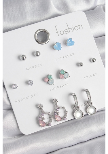 Pirinç Gümüş Renk Zirkon Taşlı Sallantı Halka Model Çiçek Detay 7 Çift Kadın Küpe Seti Çok Renkli