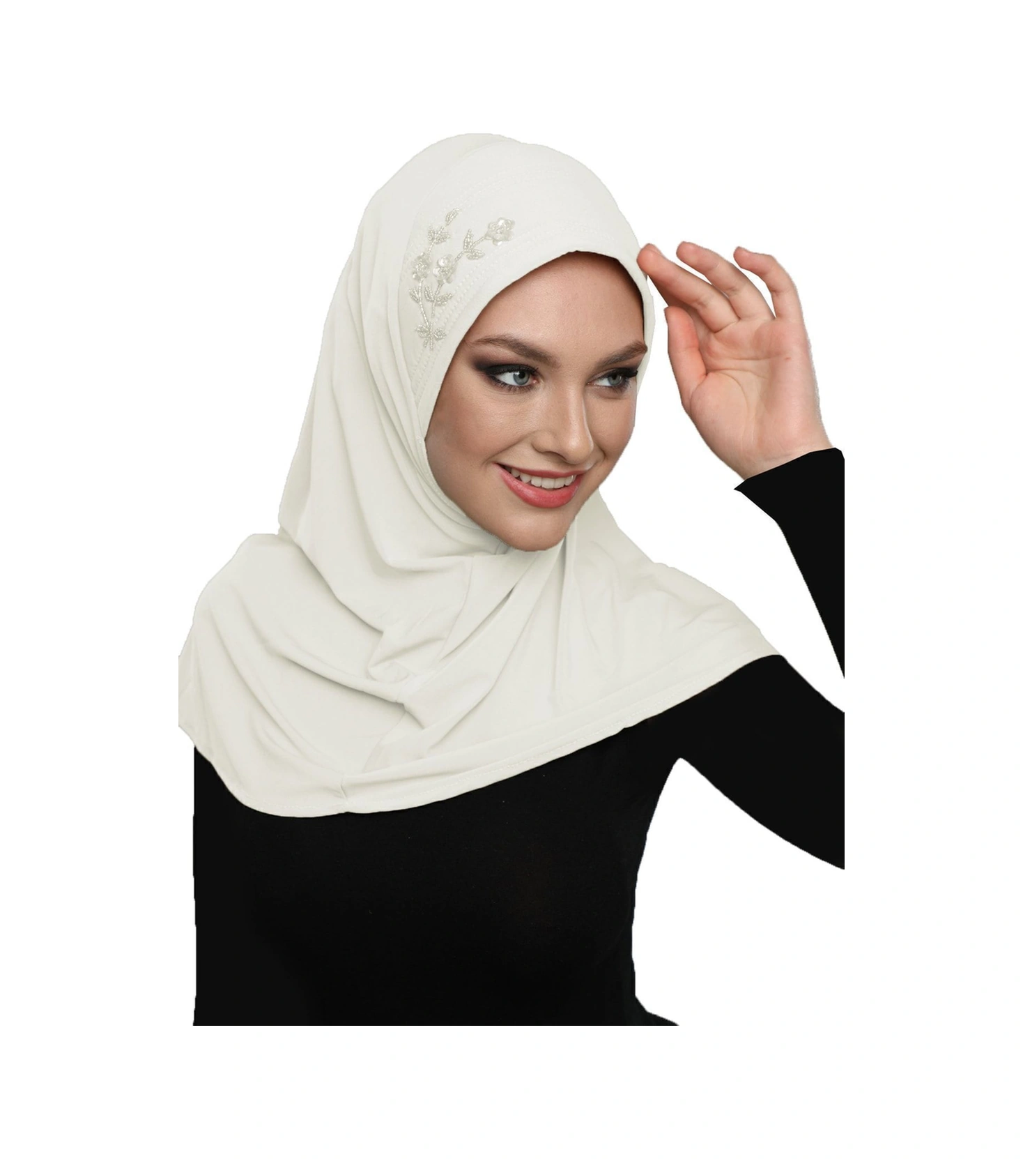 Takmatik Taşlı El Işi Boncuk Işlemeli Krem Hazır Türban Tesettür Bone Namaz Örtüsü Krem